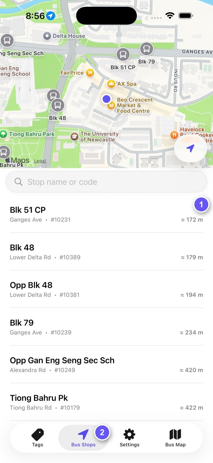 Bus Stops tab showing nearby bus stops on a map and in a list