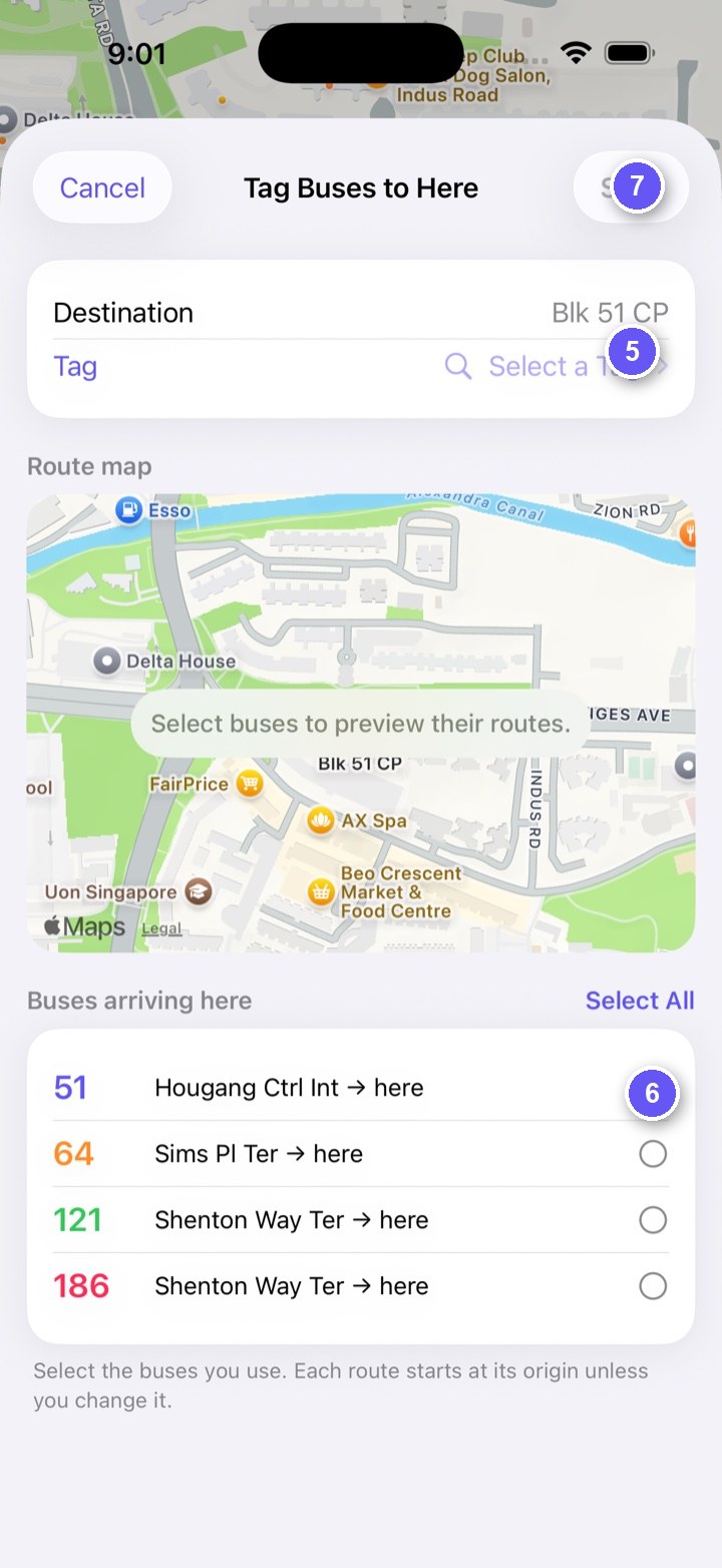 Tag Buses to Here view for selecting a tag and bus routes that arrive at the destination stop