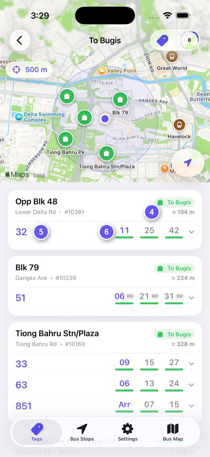 Selected To Bugis tag showing matching buses and live arrivals at several nearby bus stops